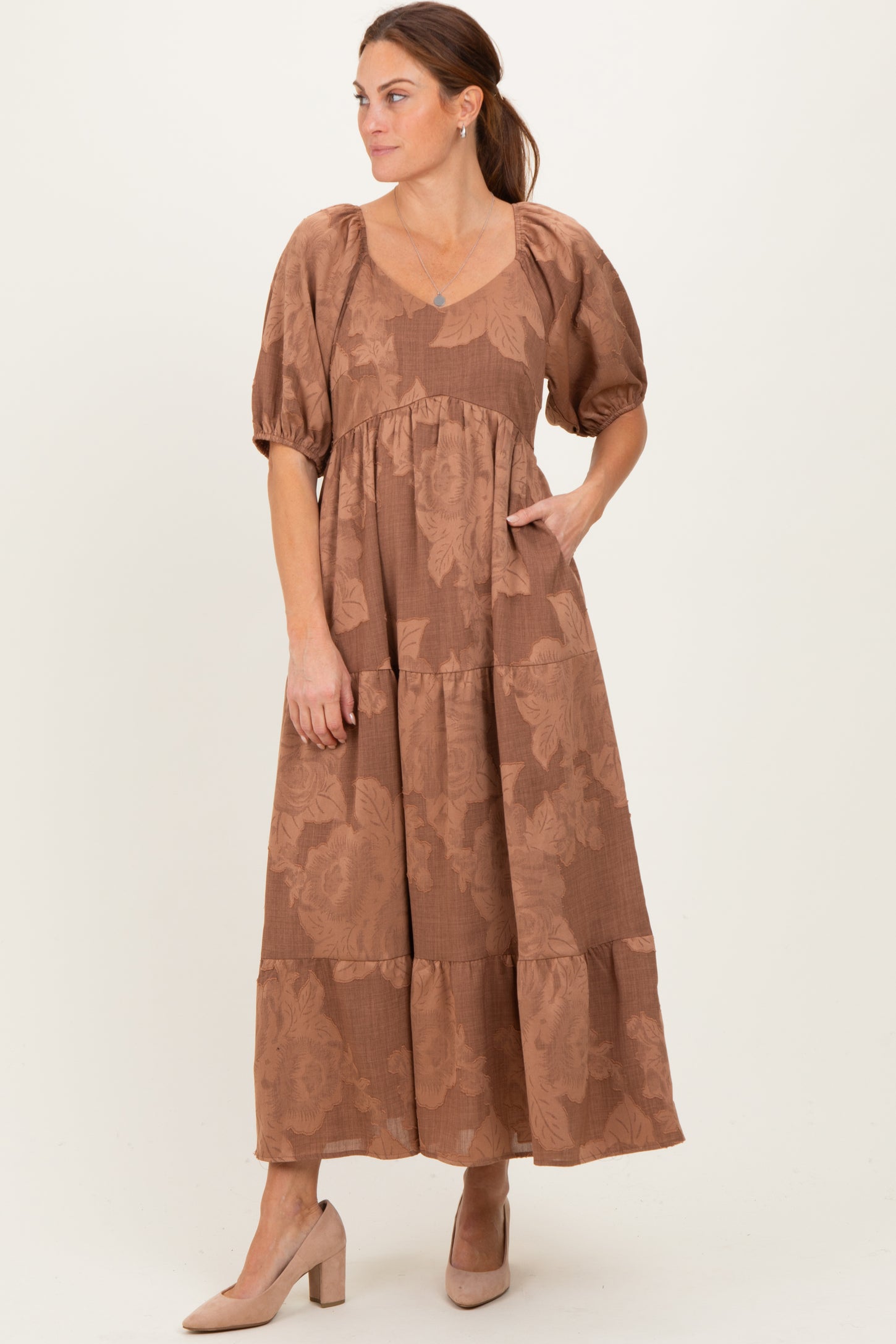 Brown Floral Textured Tiered Midi Dress