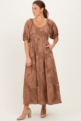 Brown Floral Textured Tiered Midi Dress