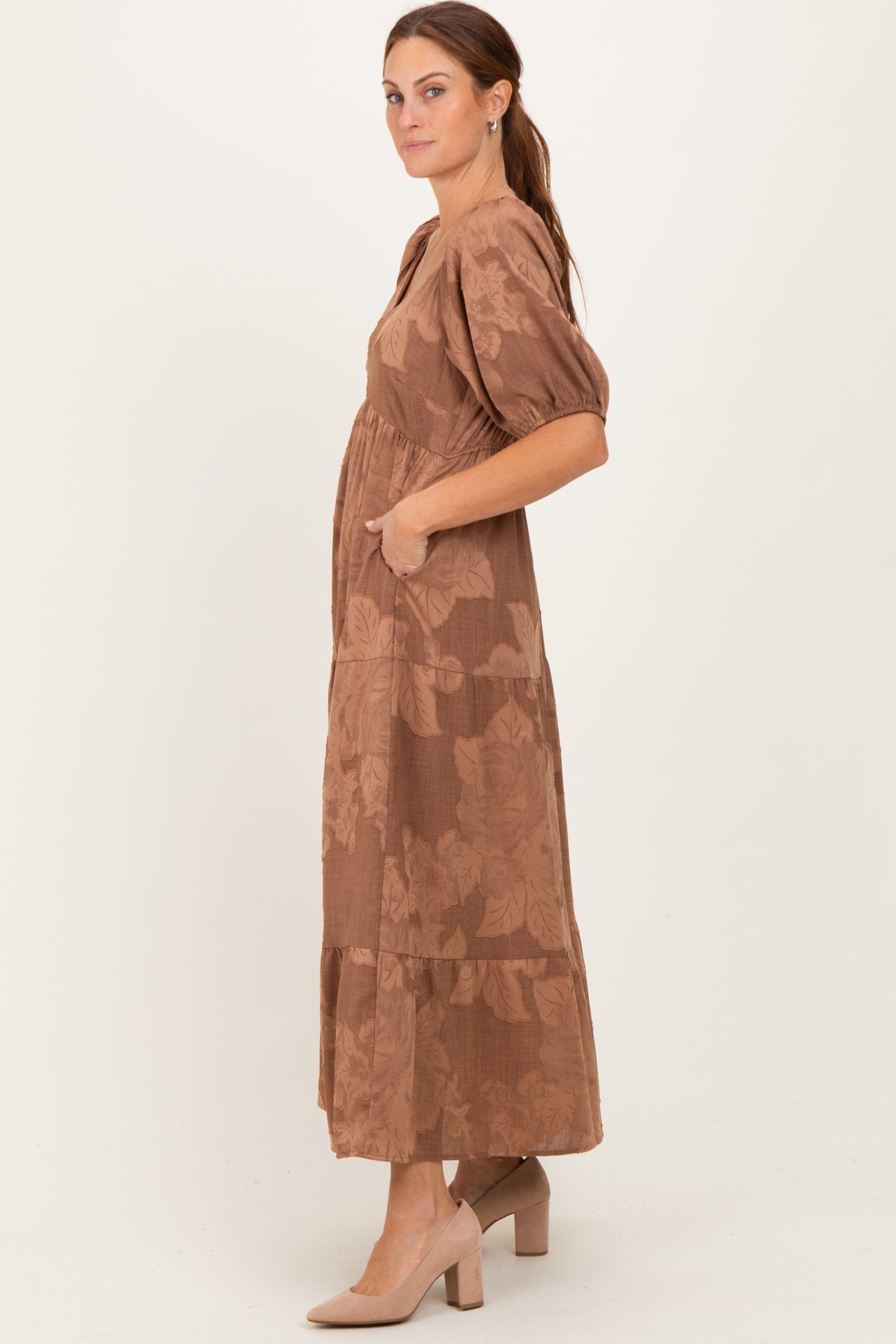 Brown Floral Textured Tiered Midi Dress