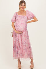 Pink Floral Printed Tulle Puff Sleeve Maternity Midi Dress