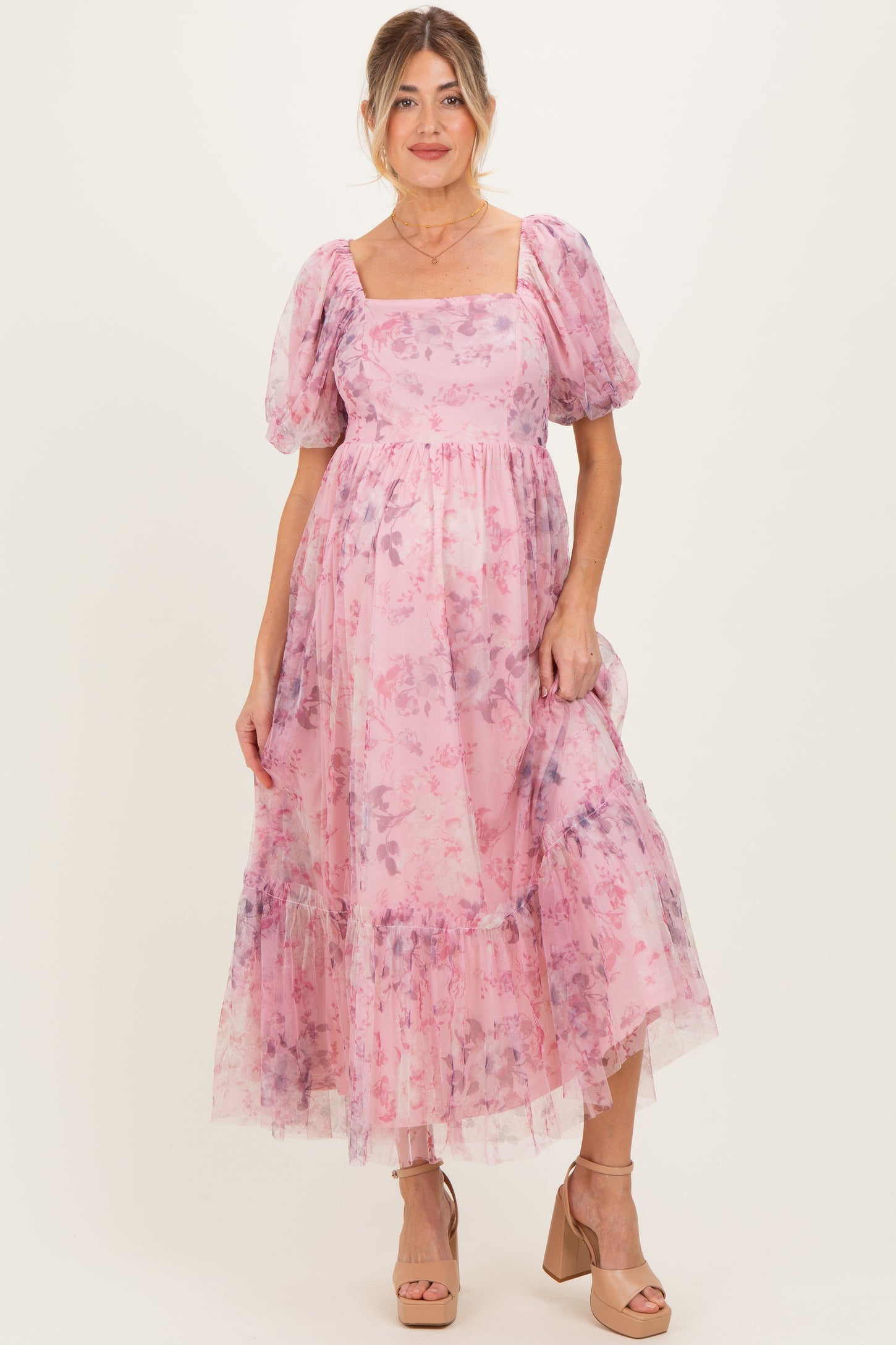 Pink Floral Printed Tulle Puff Sleeve Maternity Midi Dress
