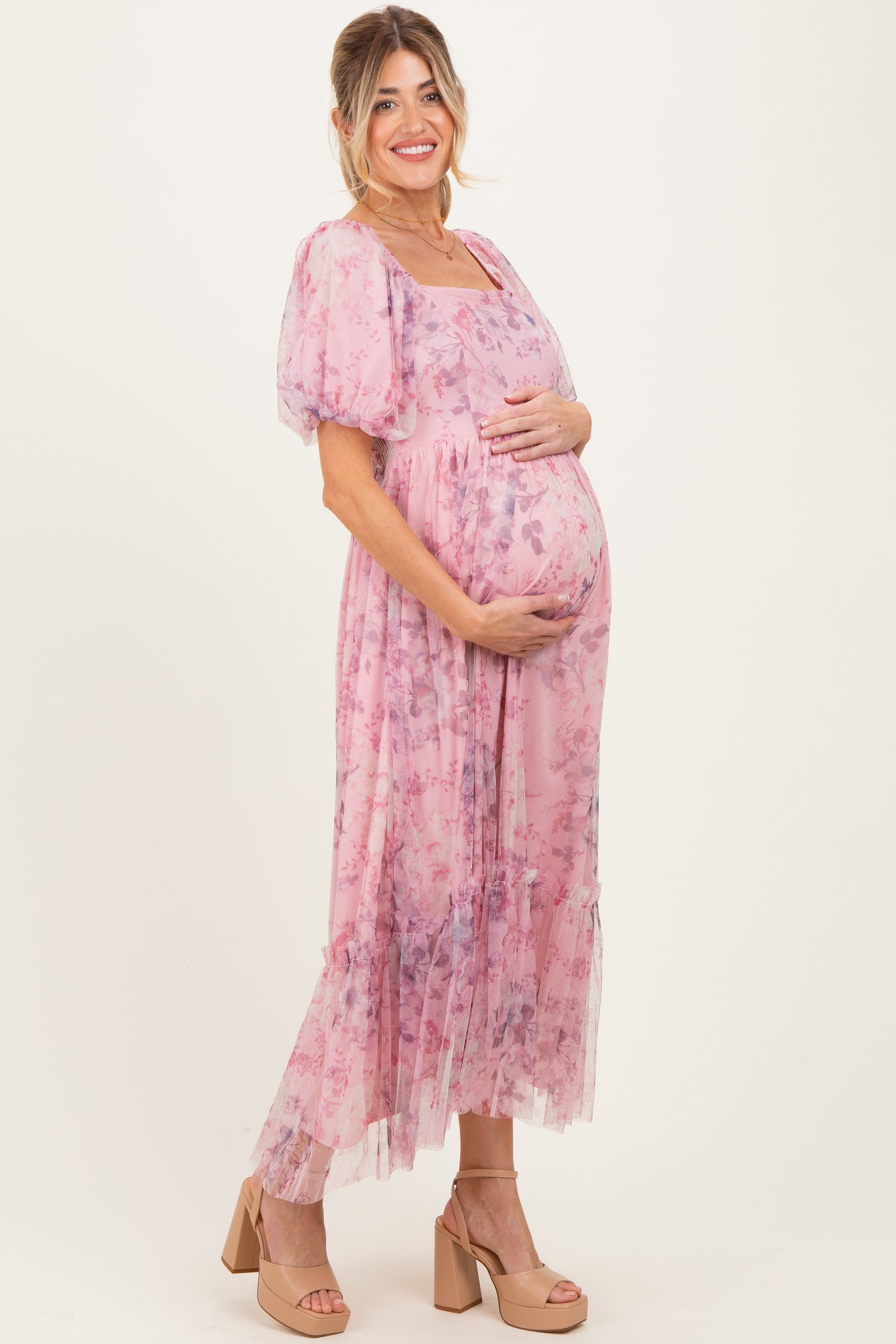 Pink Floral Printed Tulle Puff Sleeve Maternity Midi Dress