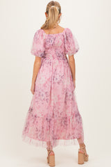 Pink Floral Printed Tulle Puff Sleeve Maternity Midi Dress