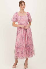 Pink Floral Printed Tulle Puff Sleeve Midi Dress