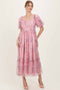 Pink Floral Printed Tulle Puff Sleeve Midi Dress