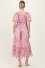Pink Floral Printed Tulle Puff Sleeve Midi Dress