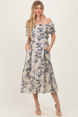 Navy Blue Floral Square Neck Puff Sleeve Midi Dress