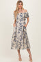 Navy Blue Floral Square Neck Puff Sleeve Midi Dress