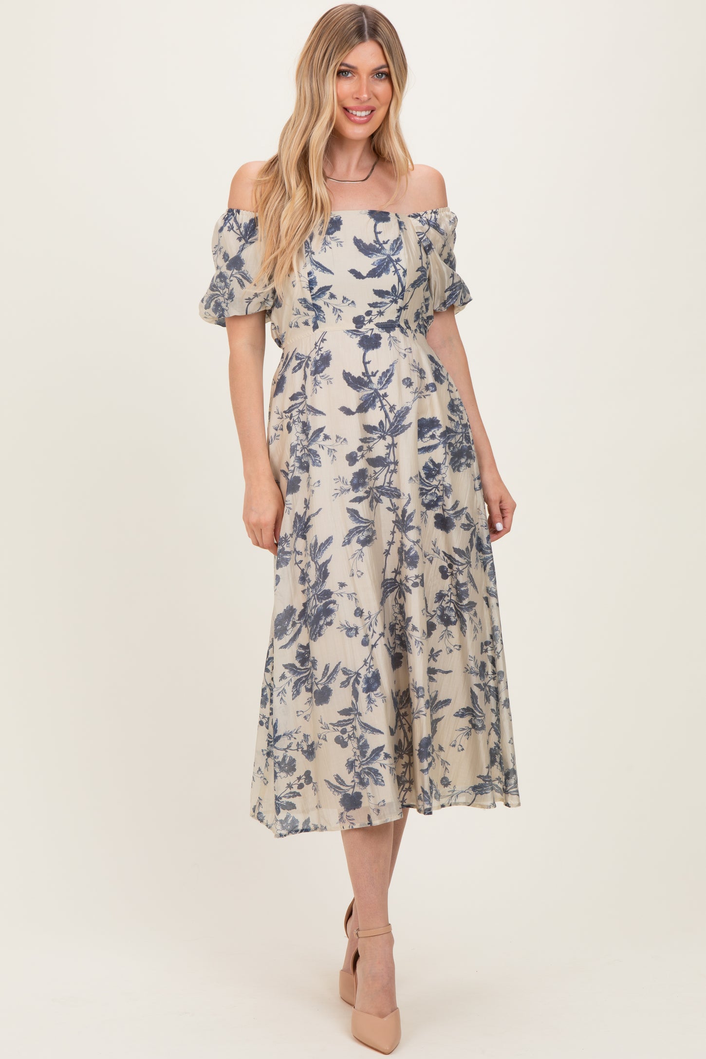 Navy Blue Floral Square Neck Puff Sleeve Midi Dress