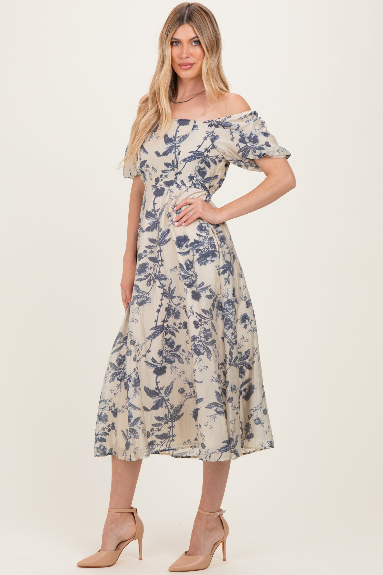 Navy Blue Floral Square Neck Puff Sleeve Midi Dress