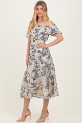 Navy Blue Floral Square Neck Puff Sleeve Midi Dress