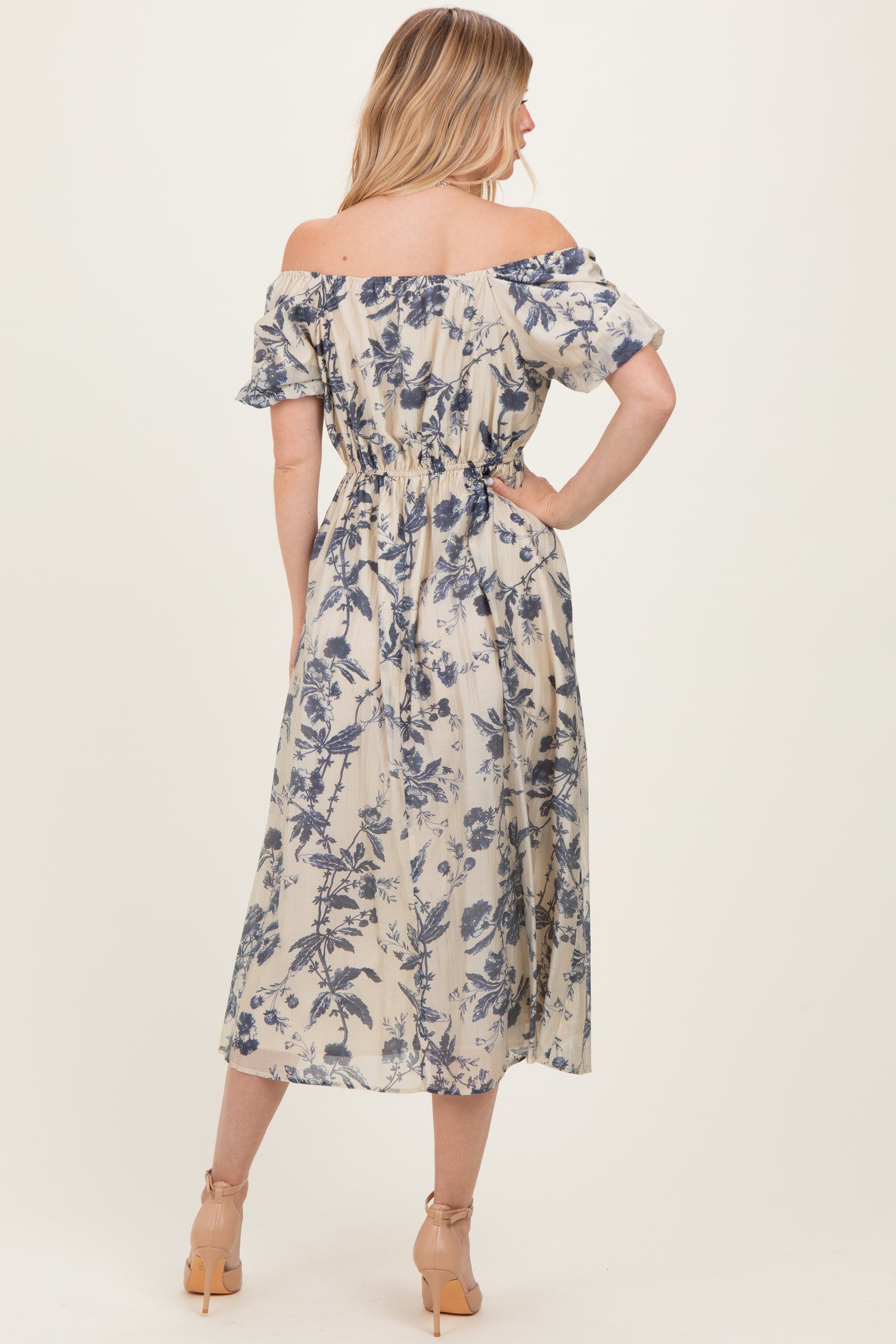 Navy Blue Floral Square Neck Puff Sleeve Midi Dress