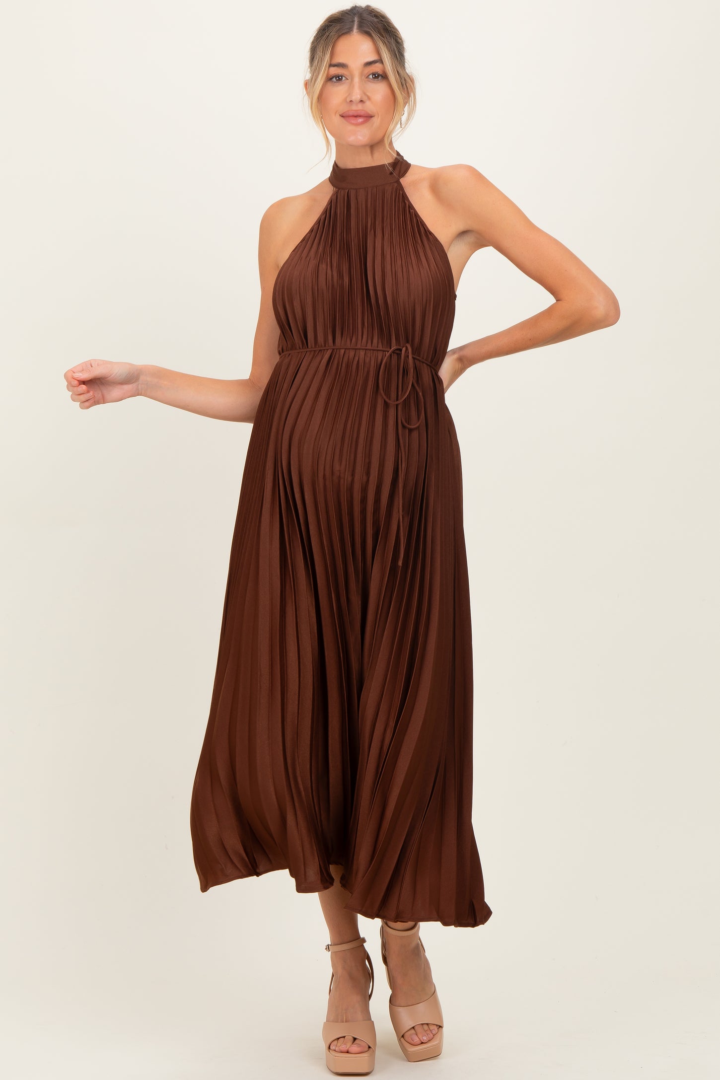 Brown Pleated Maternity Halter Dress