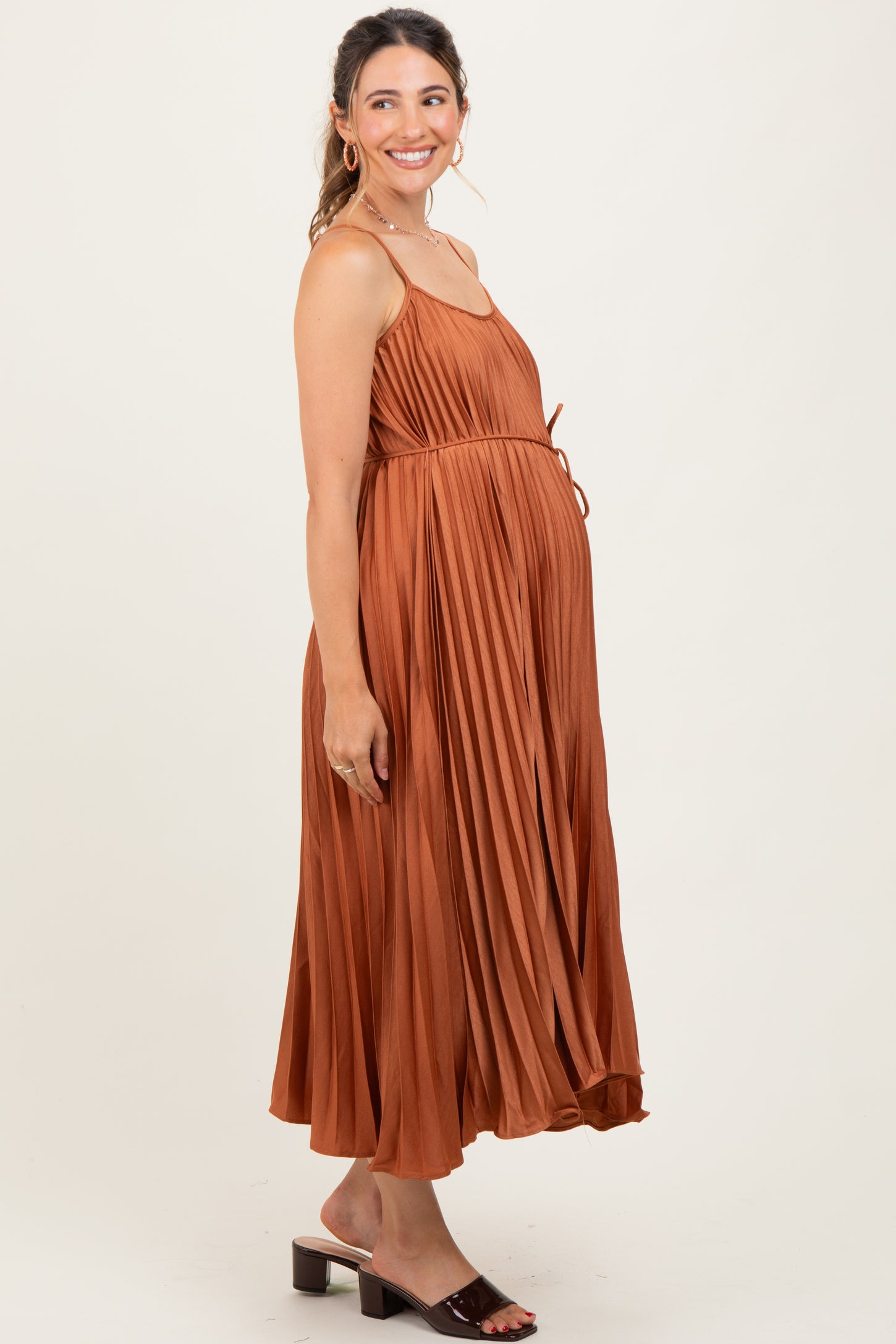 Rust Pleated Sash Tie Maternity Midi Dress