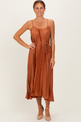 Rust Pleated Sash Tie Midi Dress