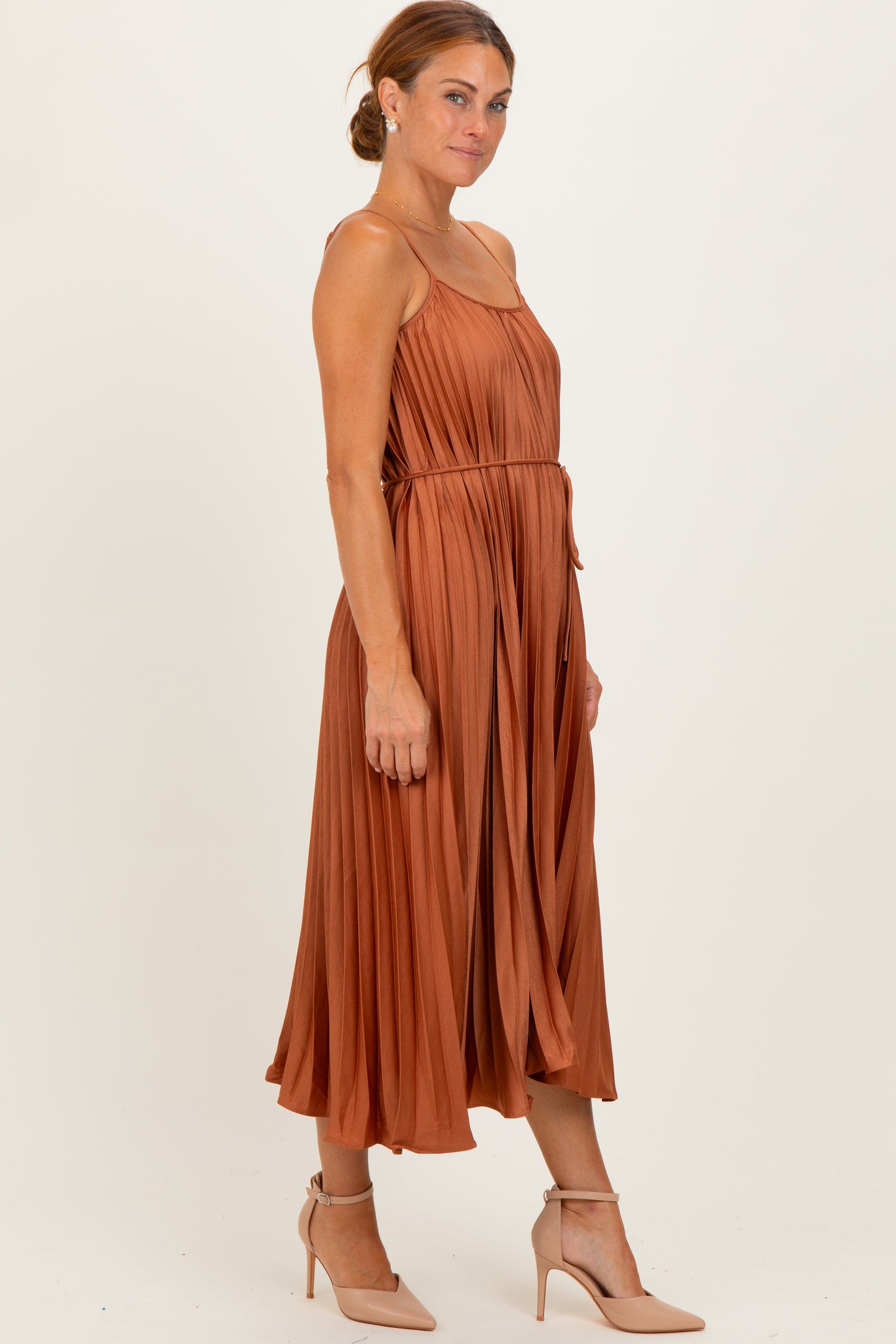 Rust Pleated Sash Tie Midi Dress