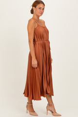 Rust Pleated Sash Tie Midi Dress