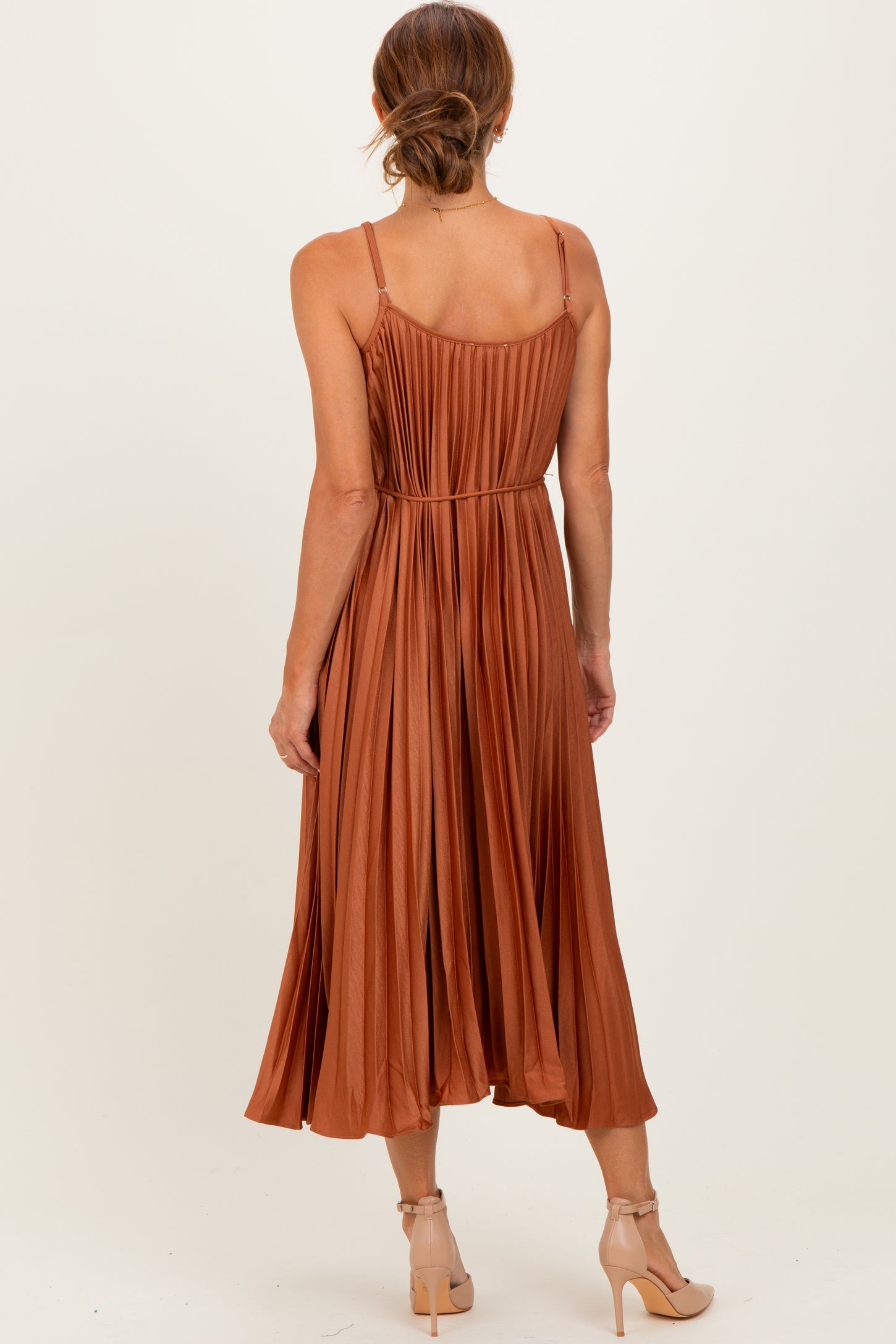 Rust Pleated Sash Tie Midi Dress