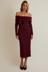 Burgundy Knit Off Shoulder Bow Detail Maternity Midi Dress