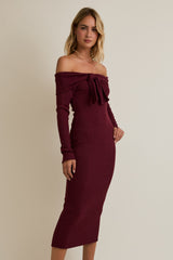 Burgundy Knit Off Shoulder Bow Detail Midi Dress