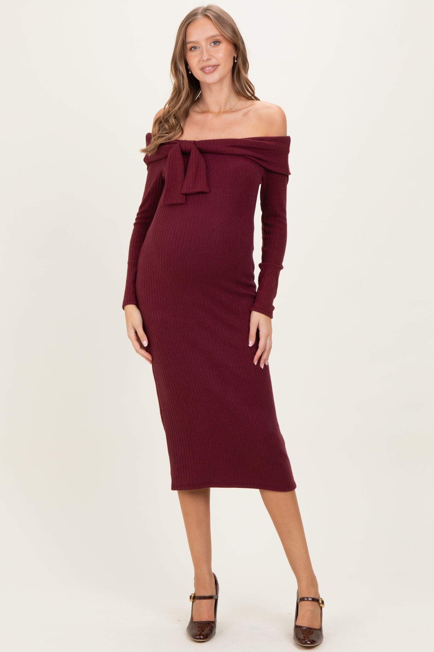 Burgundy Knit Off Shoulder Bow Detail Maternity Midi Dress