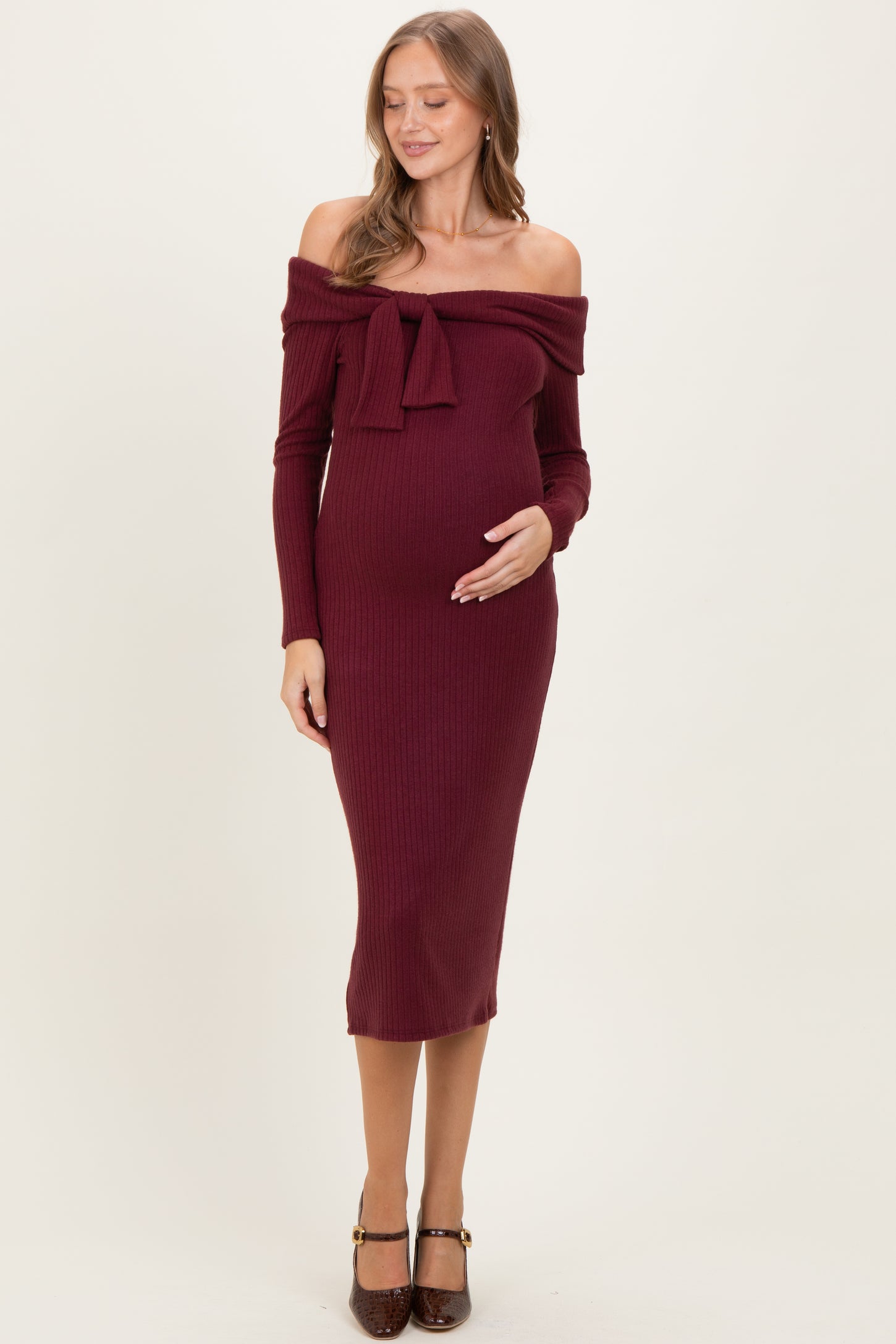 Burgundy Knit Off Shoulder Bow Detail Maternity Midi Dress