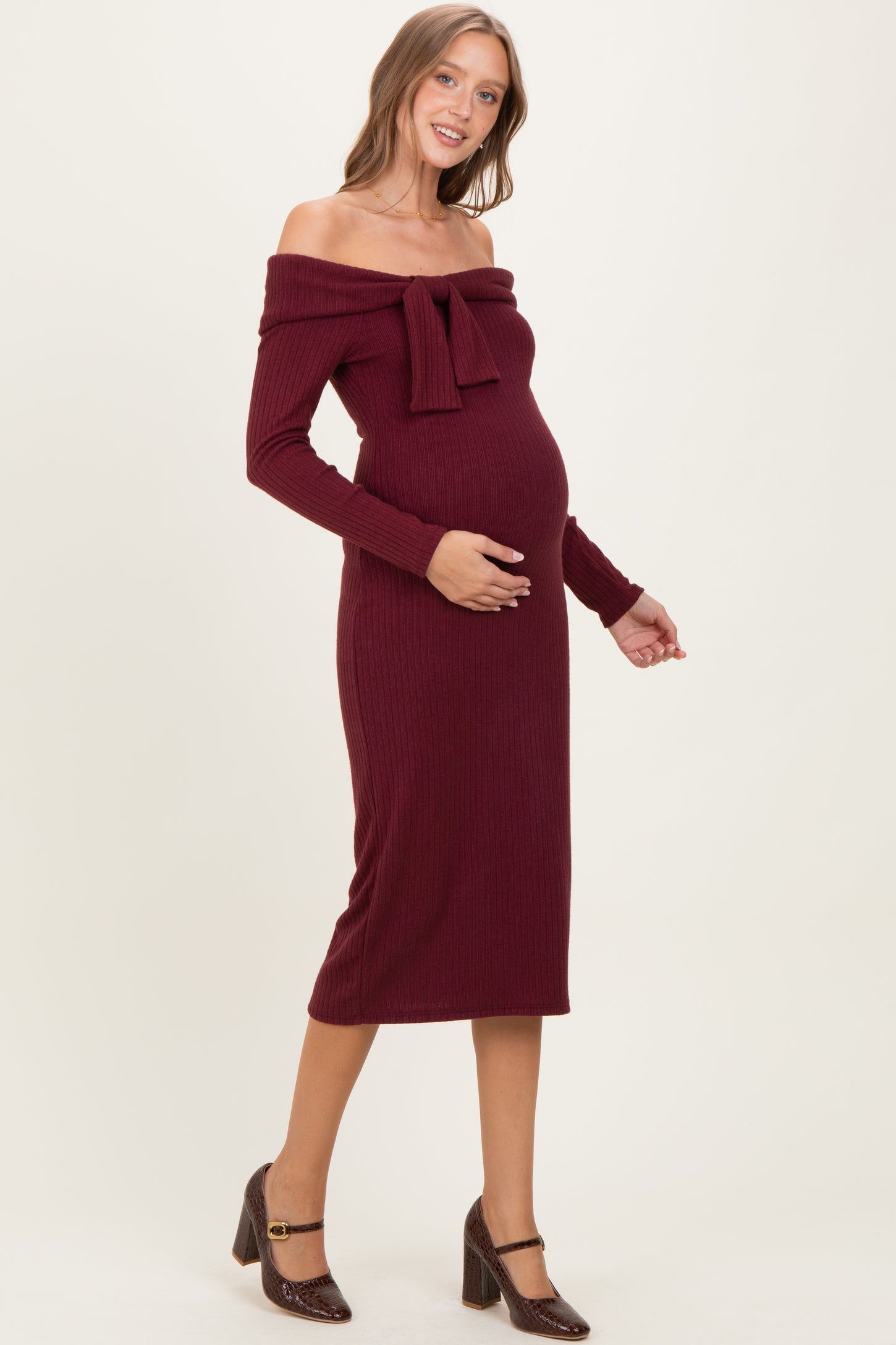 Burgundy Knit Off Shoulder Bow Detail Maternity Midi Dress