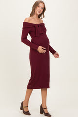 Burgundy Knit Off Shoulder Bow Detail Maternity Midi Dress