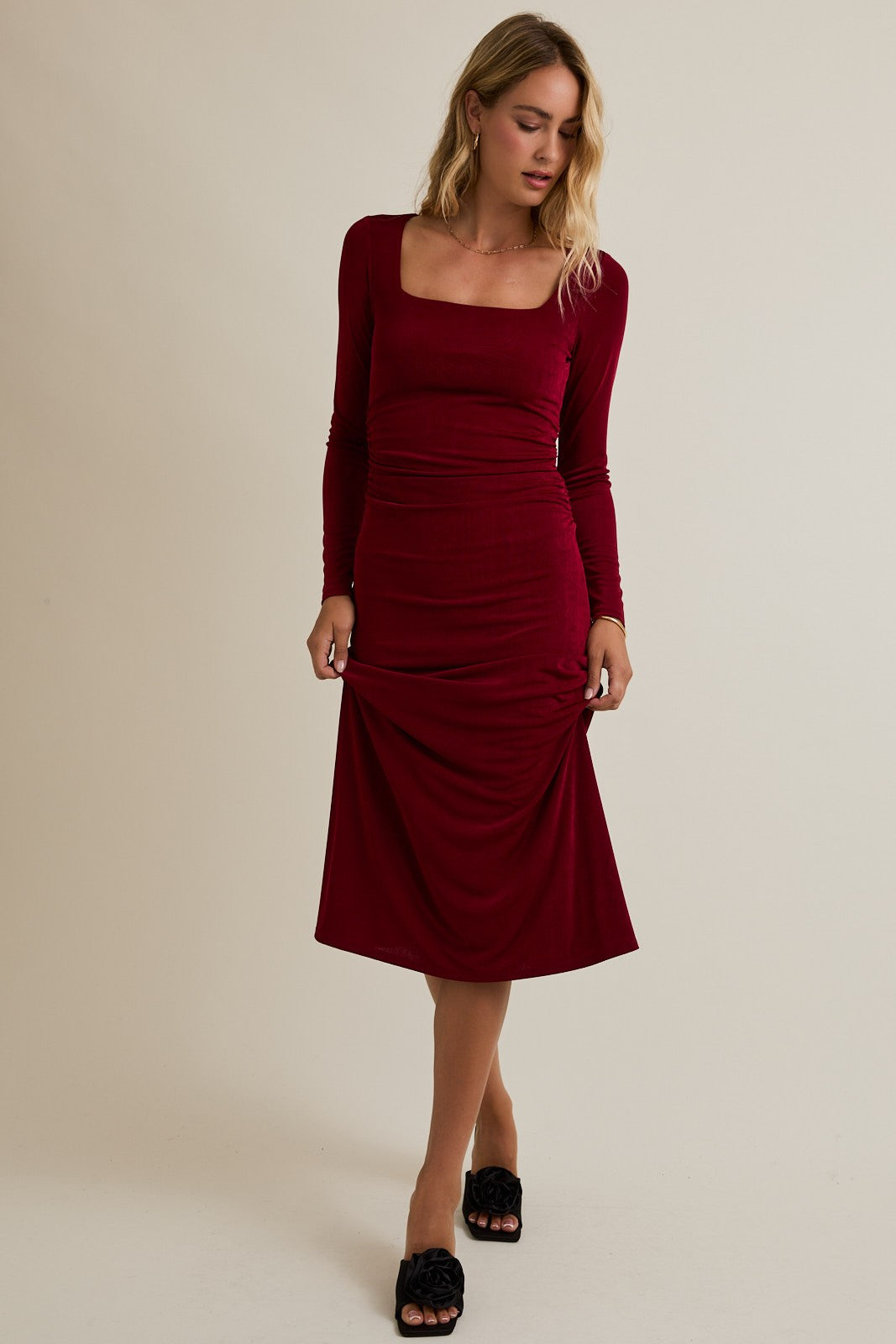 Burgundy Square Neck Long Sleeve Ruched Maternity Midi Dress