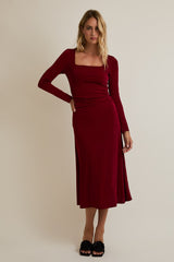 Burgundy Square Neck Long Sleeve Ruched Midi Dress