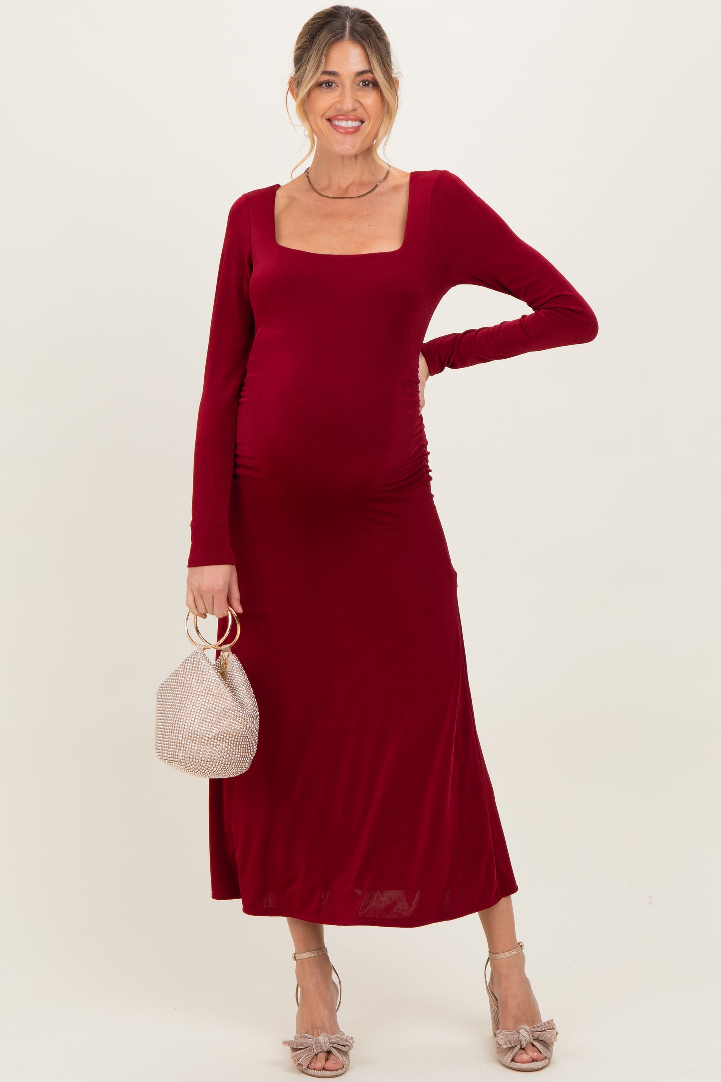 Burgundy Square Neck Long Sleeve Ruched Maternity Midi Dress
