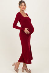 Burgundy Square Neck Long Sleeve Ruched Maternity Midi Dress