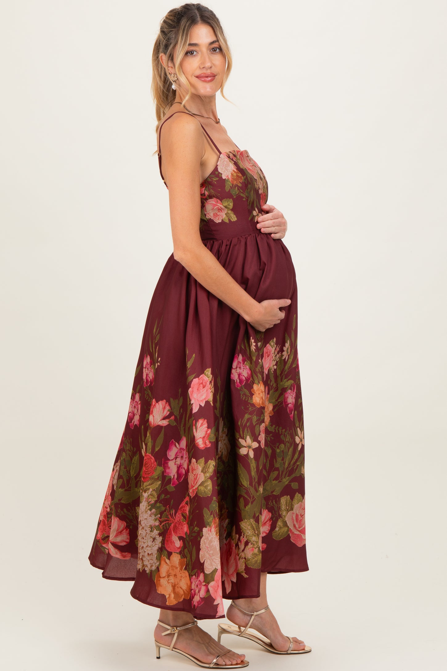 Burgundy Floral Thin Strap Maternity Maxi Dress