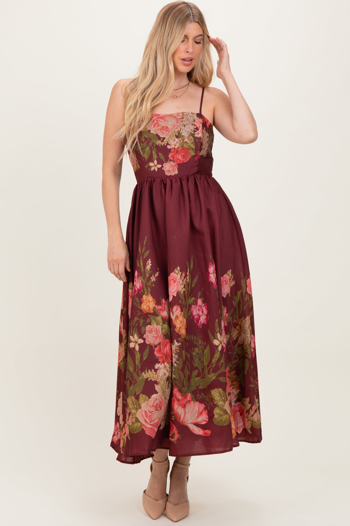 Burgundy Floral Thin Strap Maxi Dress