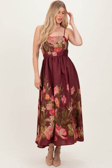 Burgundy Floral Thin Strap Maxi Dress