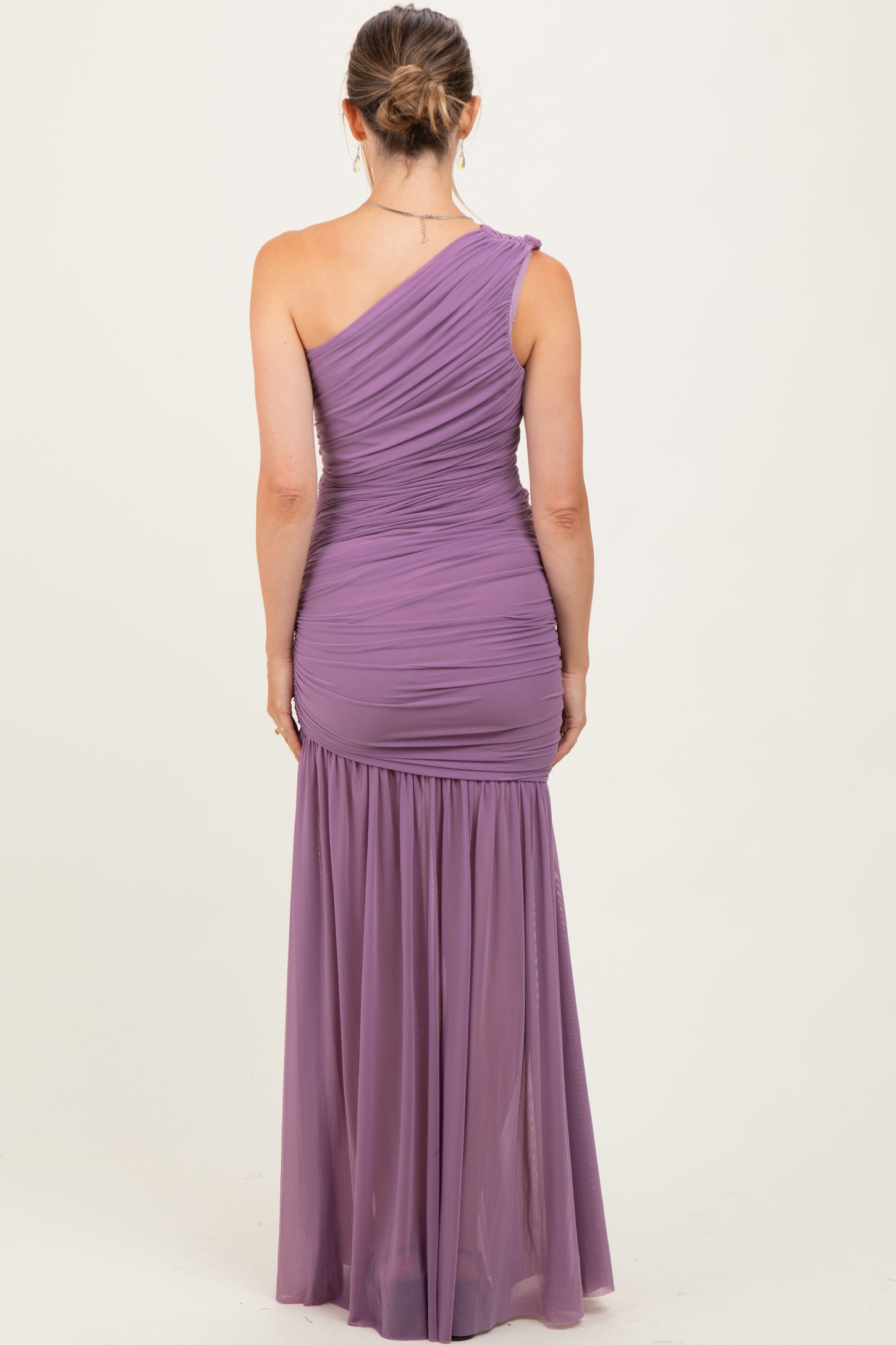 Dark Lavender Ruched Mesh One Shoulder Maternity Maxi Dress