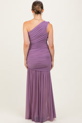 Dark Lavender Ruched Mesh One Shoulder Maternity Maxi Dress
