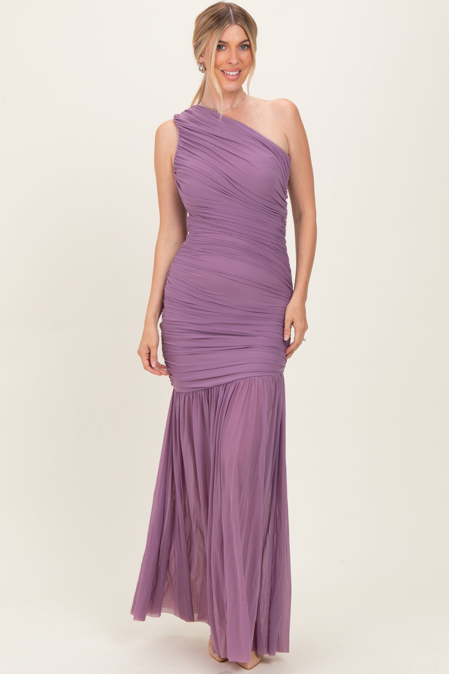 Dark Lavender Ruched Mesh One Shoulder Maxi Dress