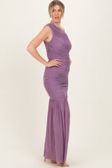 Dark Lavender Ruched Mesh One Shoulder Maxi Dress