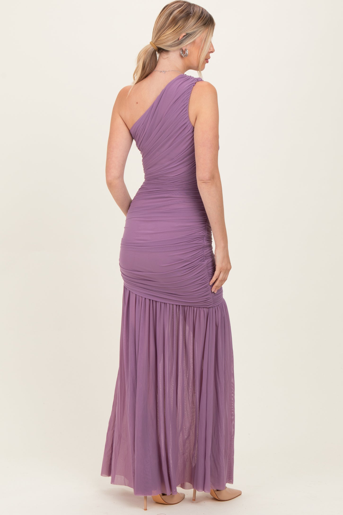 Dark Lavender Ruched Mesh One Shoulder Maxi Dress