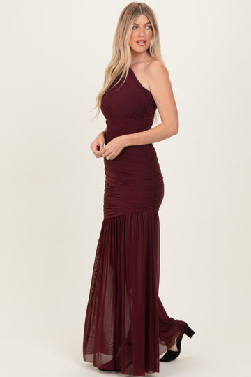 Dark Burgundy Ruched Mesh One Shoulder Maxi Dress