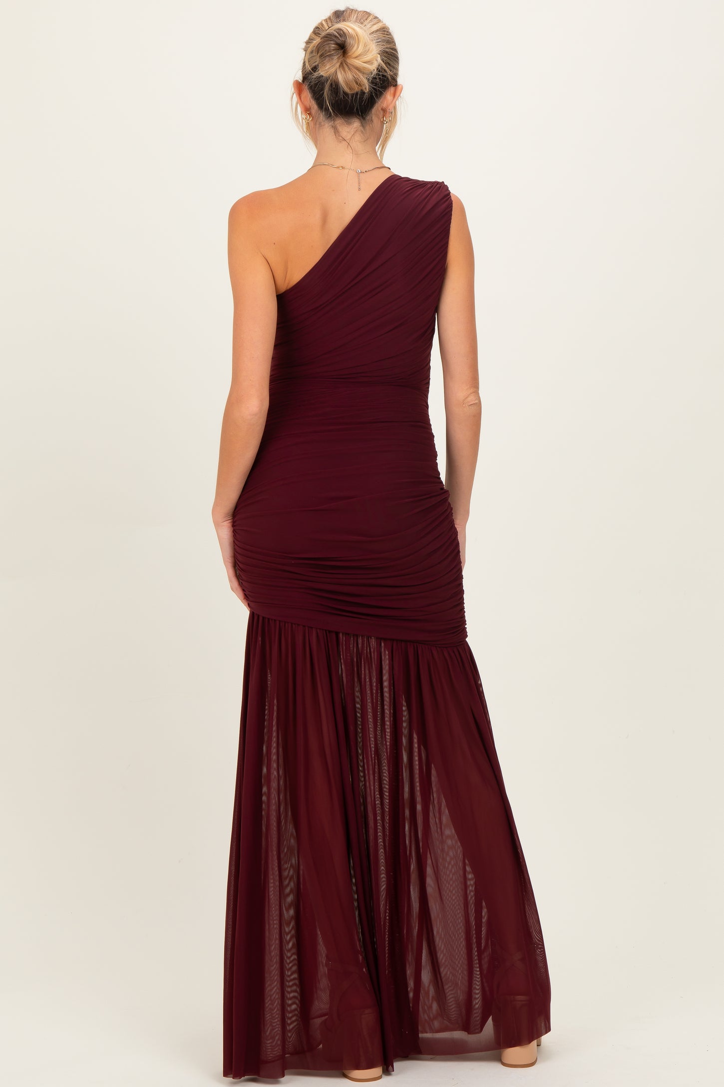 Dark Burgundy Ruched Mesh One Shoulder Maternity Maxi Dress