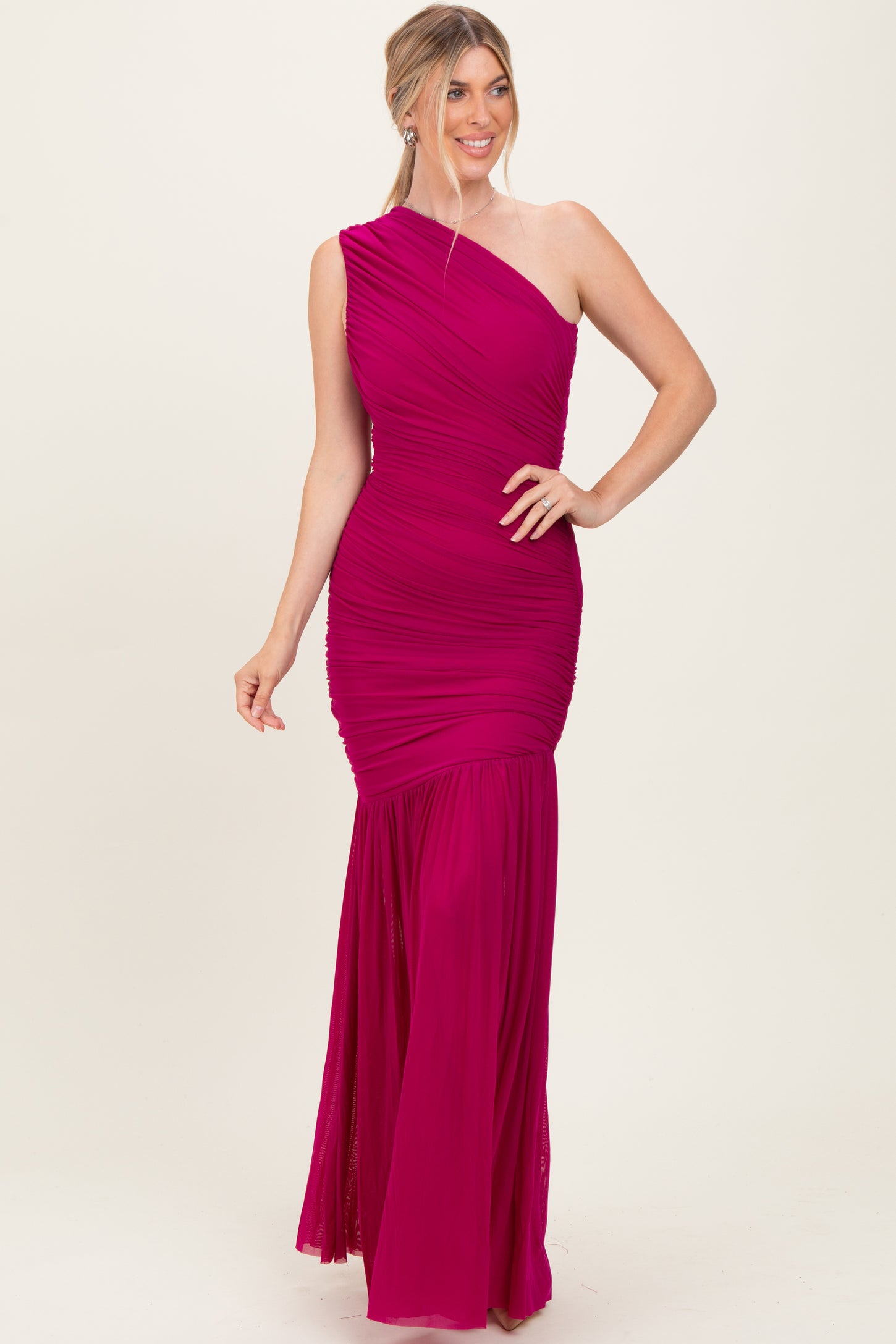 Deep Magenta Ruched Mesh One Shoulder Maternity Maxi Dress
