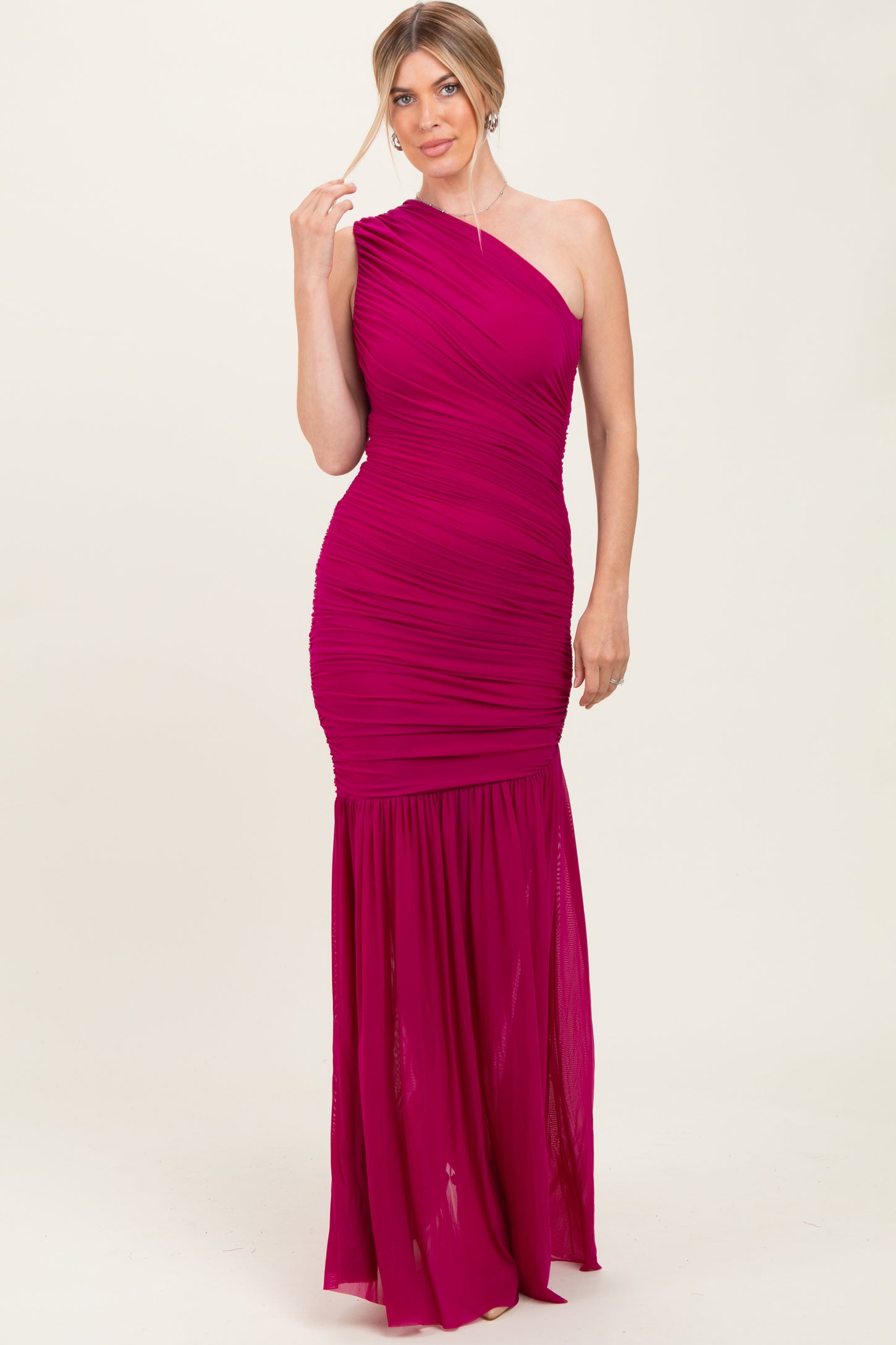 Deep Magenta Ruched Mesh One Shoulder Maxi Dress