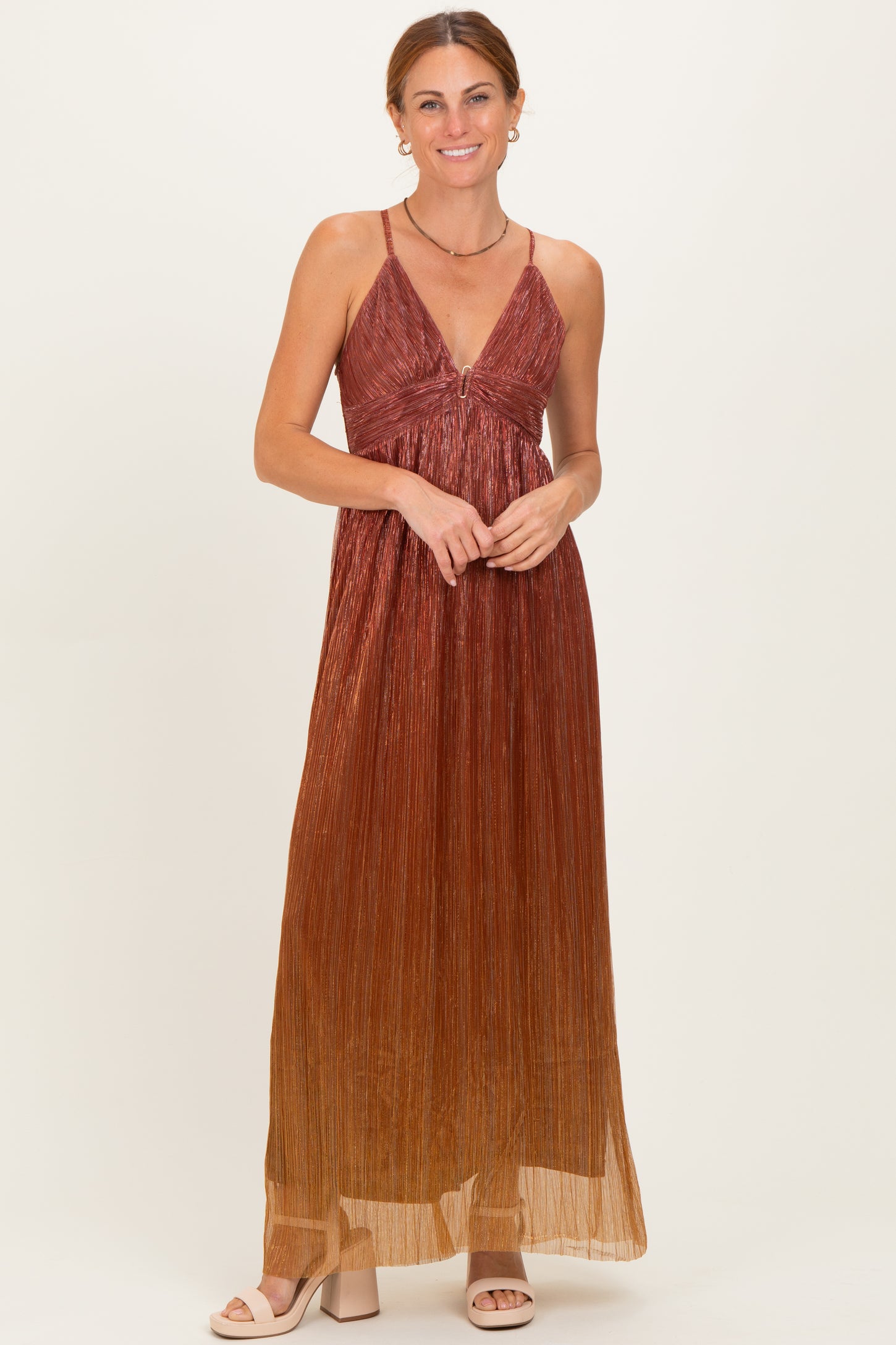 Rust Shimmer Open Tie Back Maxi Dress