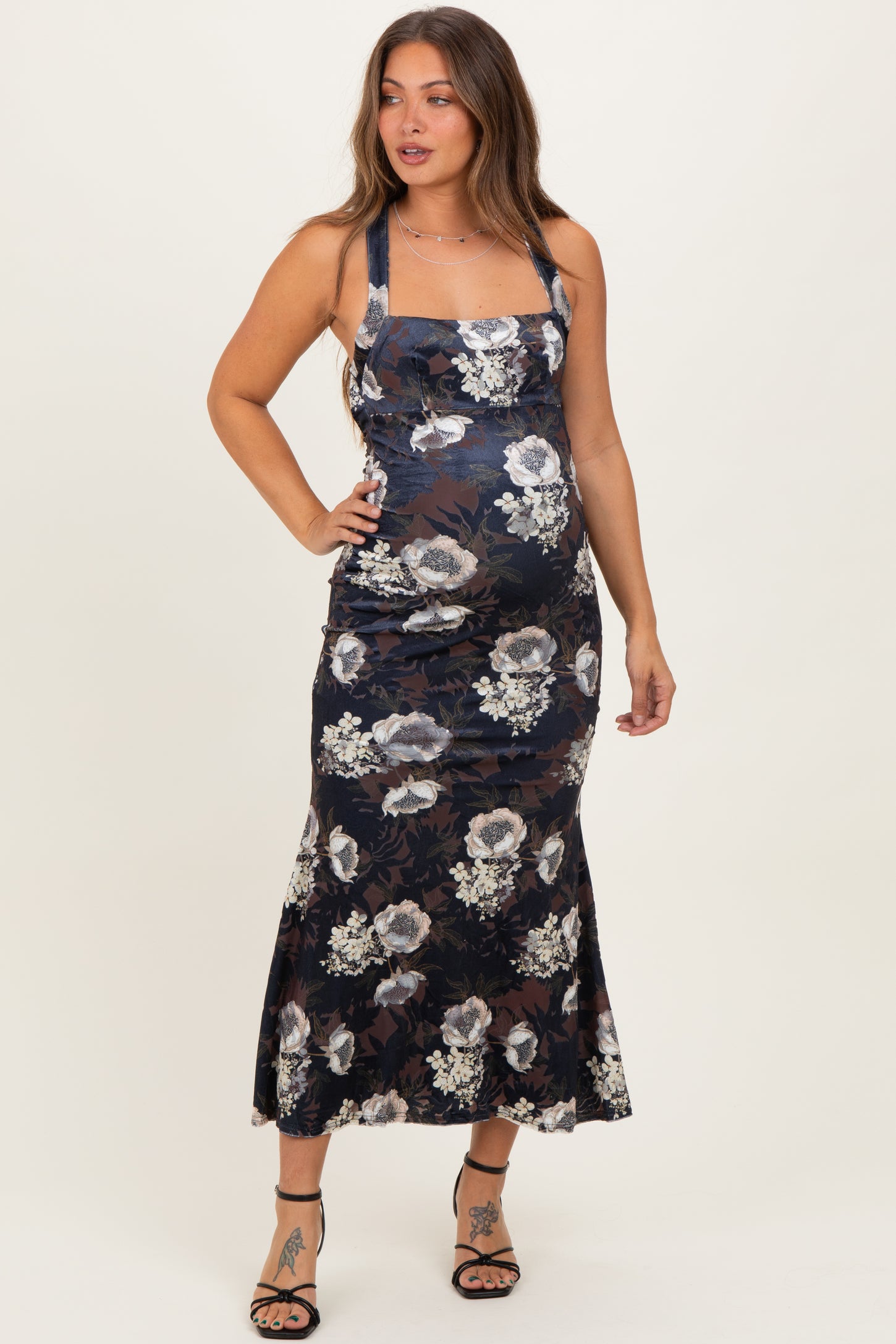 Black Lace Up Back Maternity Midi Dress