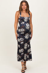 Black Lace Up Back Maternity Midi Dress