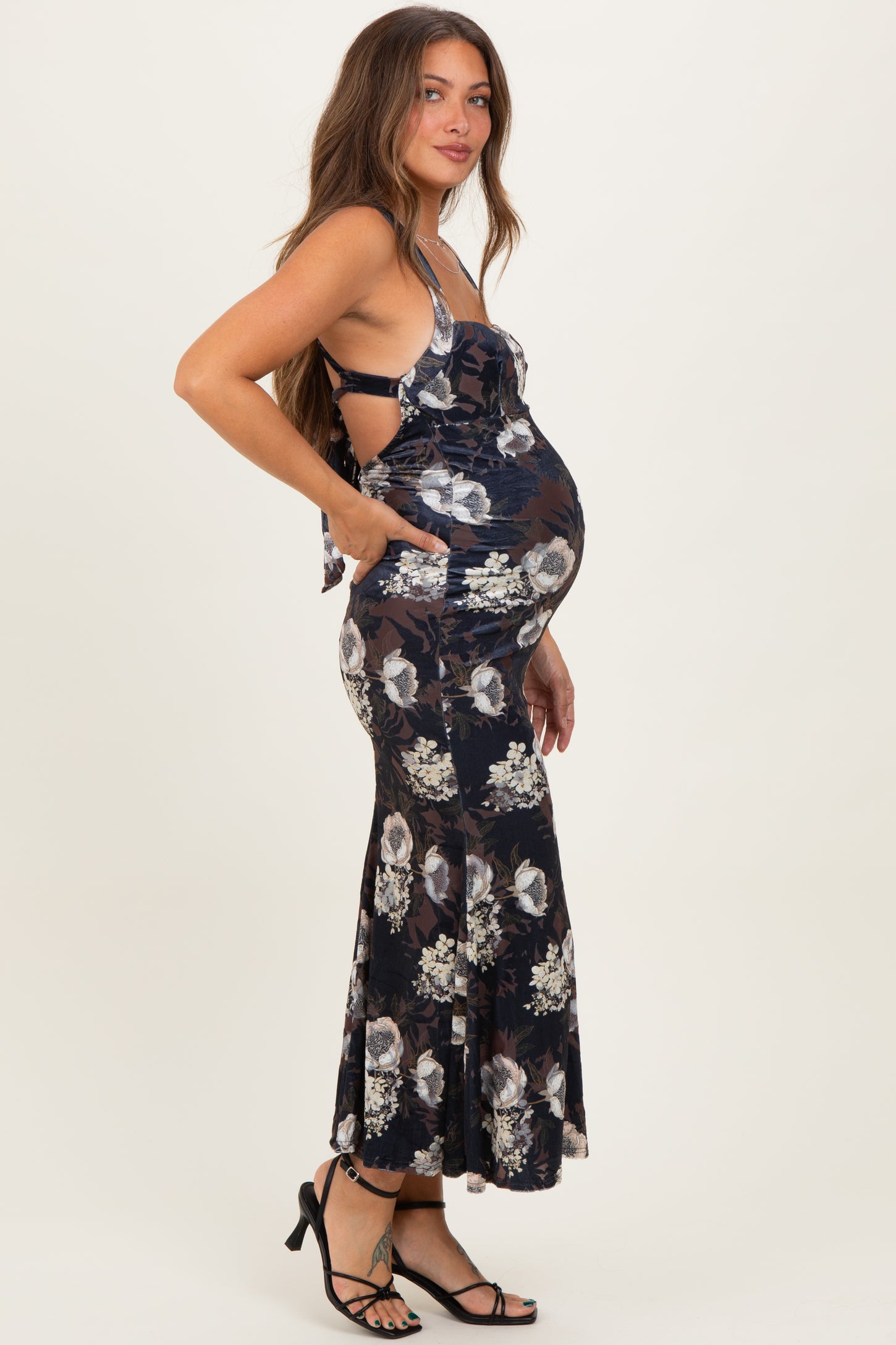 Black Lace Up Back Maternity Midi Dress