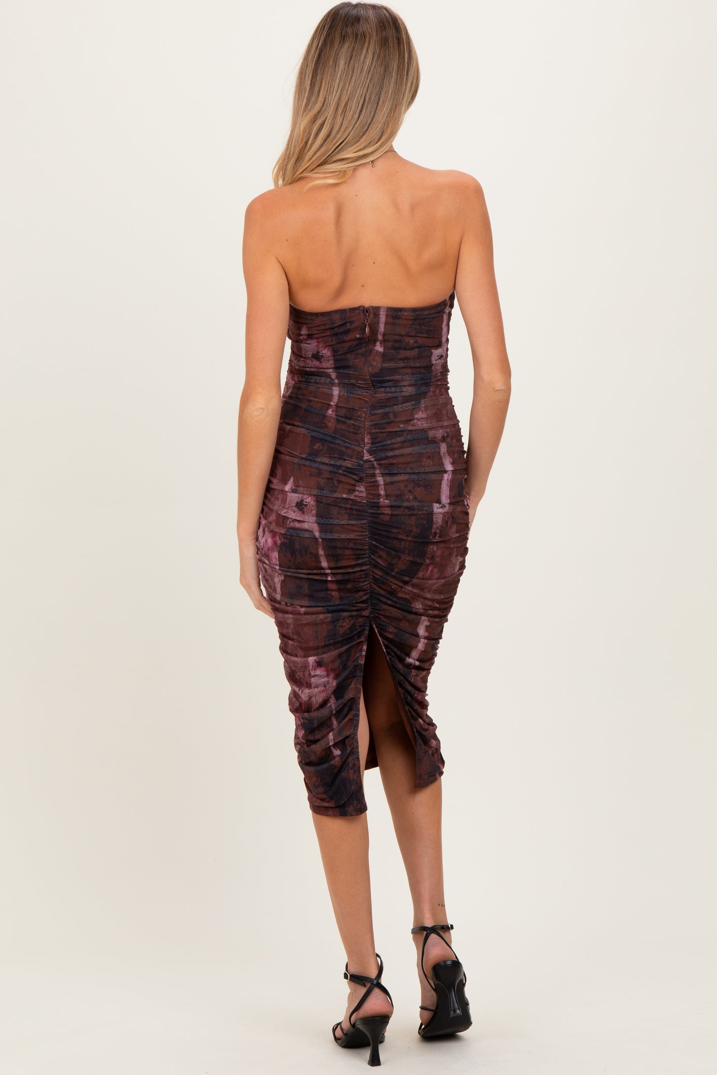 Pink Brown Tube Ruching Midi Maternity Dress