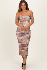 Taupe Floral Ruched Midi Maternity Dress